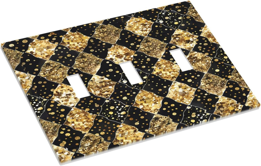 Gold Black Marble Geometric Plaid Glitter Decorative Switch Plates 3 Gang Wall Plate Triple Toggle Light Switch Cover Electrical Wall Panels Faceplate for Bedroom Bathroom Decor
