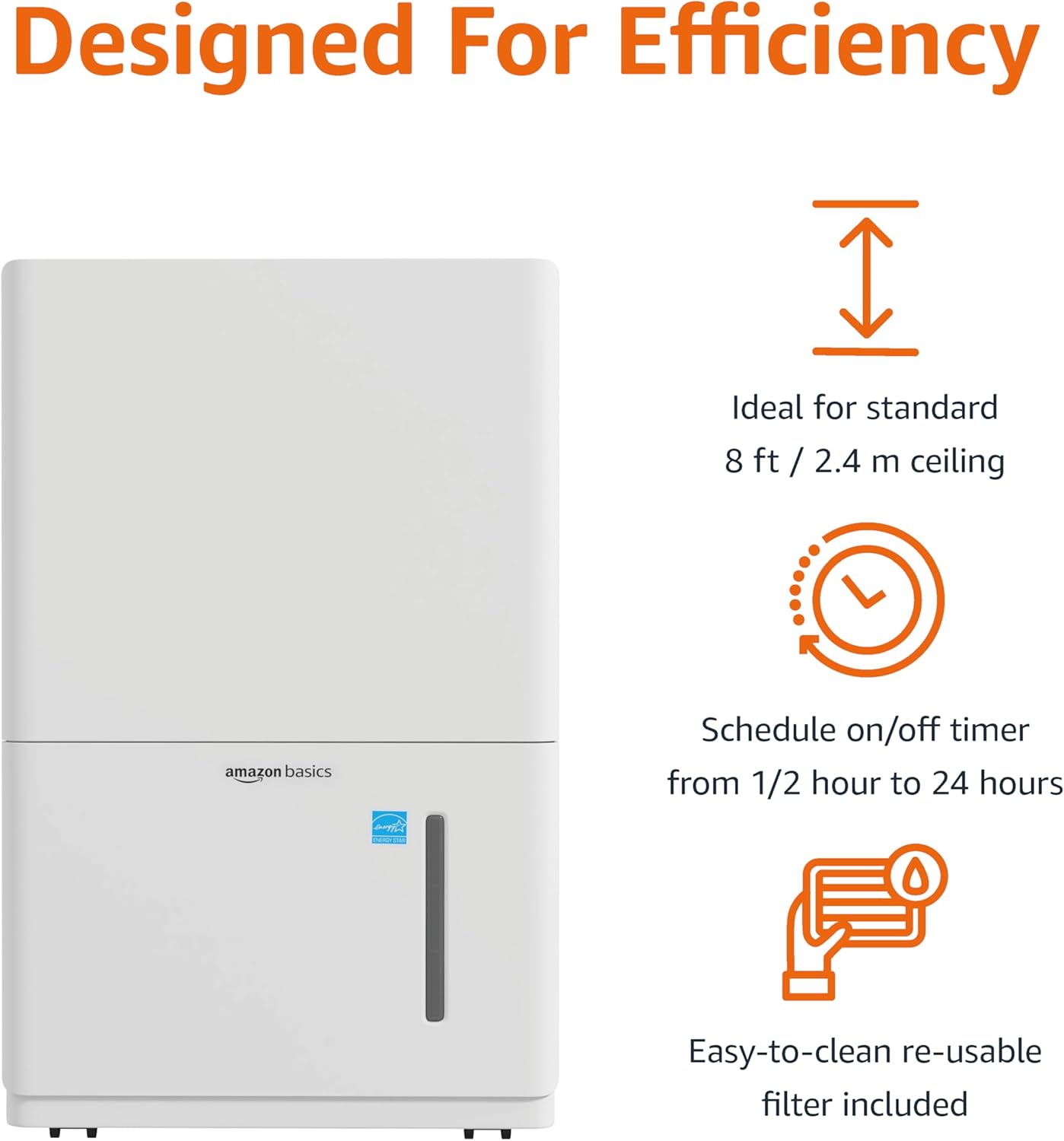 Amazon Basics Large Dehumidifier for Rooms, Energy Star Certified, Effectively Reduces Humidity, Timer, Auto-Defrost, Overflow Protection, up to 2500 SFT, 35 Pint, White