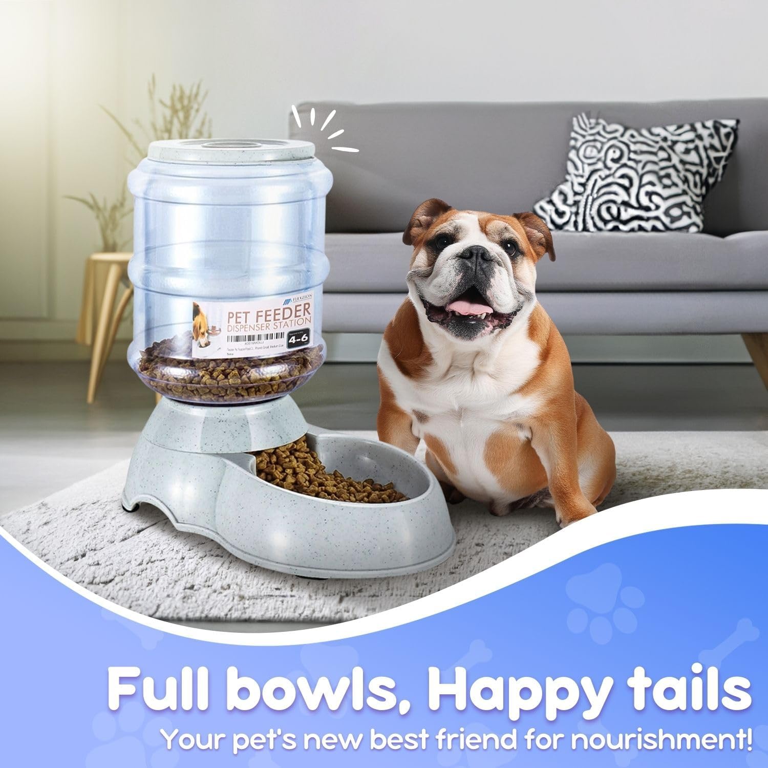Flexzion Gravity Pet Feeder Food Dispenser (4-6 lb Size) for Dogs Cats Automatic Replenish Dry Food Storage Container Bowl for Small Medium Breed Dog Cat Animal Feeding Watering Fountain Supplies
