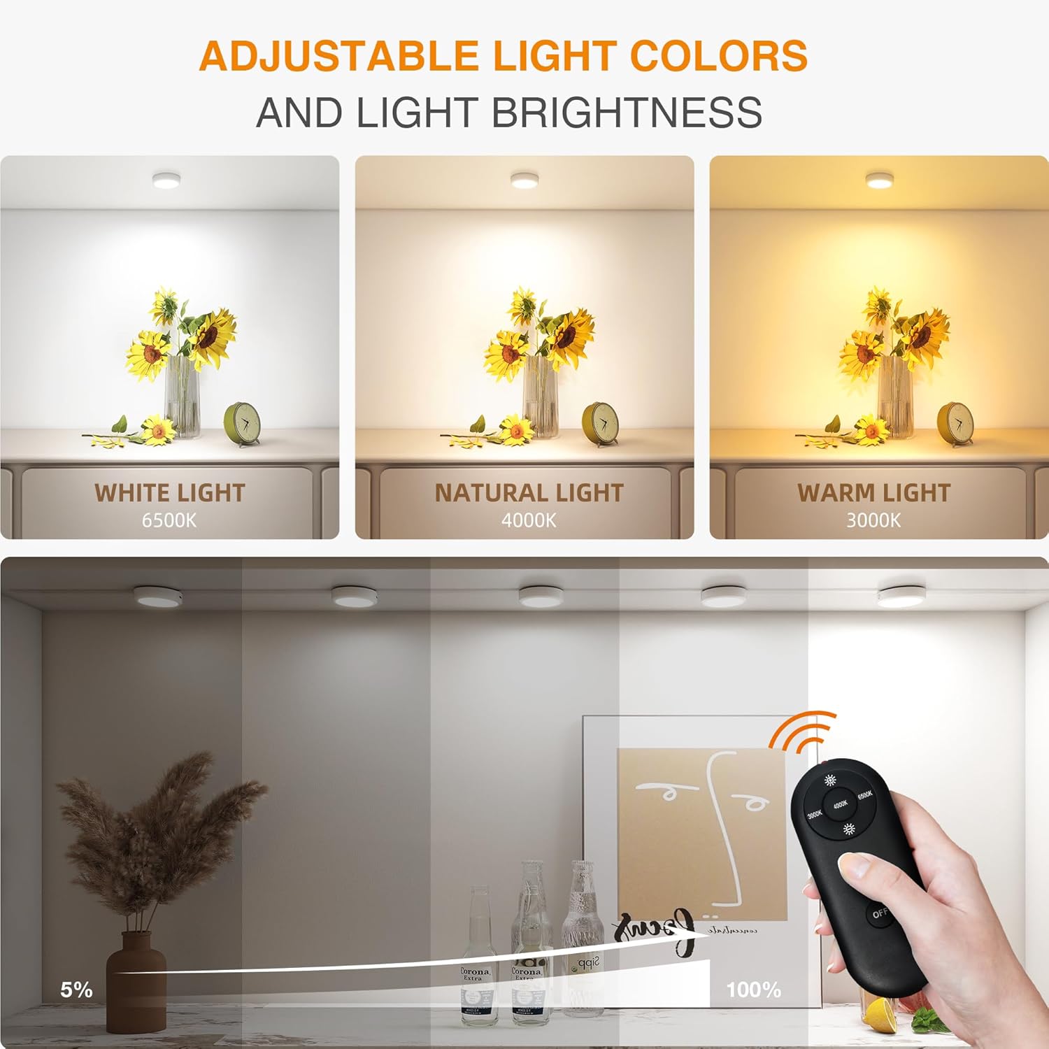 Rechargeable Puck Lights with Remote Control,LED Under Cabinet Light with Full-Screen,3 Color Temperatures Stick On Wireless, Tap for Kitchen,Cabinet,Counter,Closet,Shelf,2 Pack, White