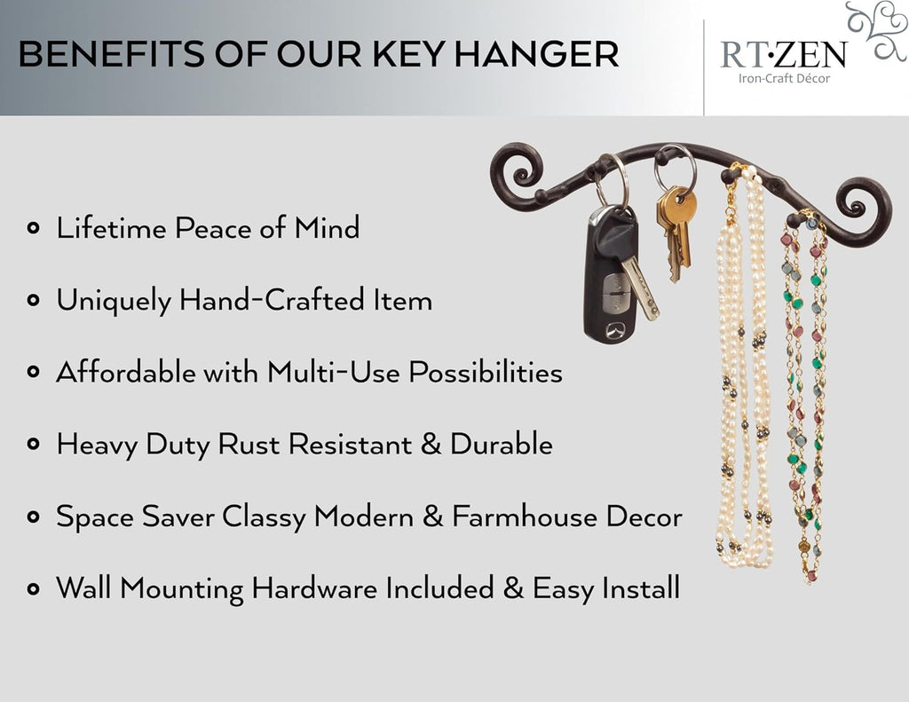 RTZEN Farmhouse Small Key Holder for Wall - Handcrafted Swirl Decorative 5 Key Hooks for Home Entryway - Wrought Iron Wall Mount Rack Purse Coat and Leash Holder or Organizer (Swirly Black)