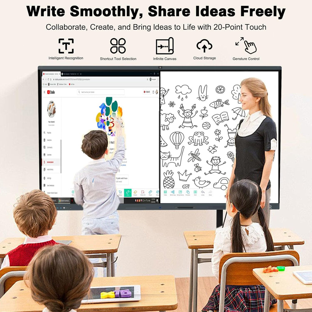 86 Inch Interactive Whiteboard, All in One Electronic Whiteboard for Classroom and Office, 4K Touchscreen Digital Smart Board with Camera and Mics (Board+Movable Stand+Wall Mount)