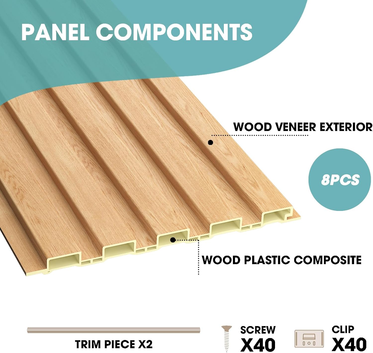 OUZUGIE WPC Acoustic Slat Wall Paneling, 8-Pack 114 x 6 Inches 3D Wall Panels for Interior Wall Decor,Living Room,TV Background,Study Room,Office Spaces,Bedroom,Low Grille (Oak)