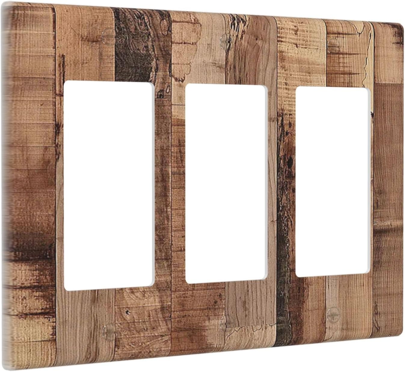 Light Switch Covers Rustic Brown Wood Grain 3 Gang Rocker Electrical GFCI Decorative Triple Outlet Wall Plate Cover Switchplate for Farmhouse Kitchen Decor