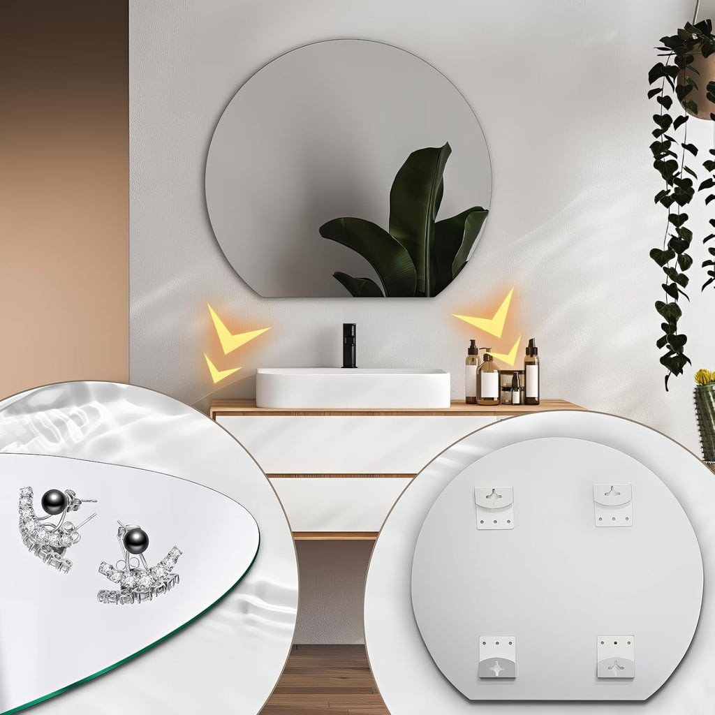 Half Moon Bathroom Mirror 32", Modern Frameless Wall Mirror, Hanging Decorative Vanity Mirror, Minimalist Explosion Proof Semi Circle Mirror for Living Room Bedroom Entryway, Down Cut