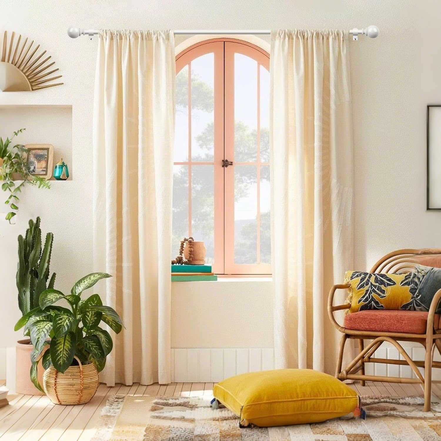 KAMANINA White Curtain Rods for Windows 48 to 84 Inch, 7/8 Inch Adjustable Curtain Rods 32 to 86 Inches (2.6-7.1ft), Single Drapery Rod Adjustable with Round Finials