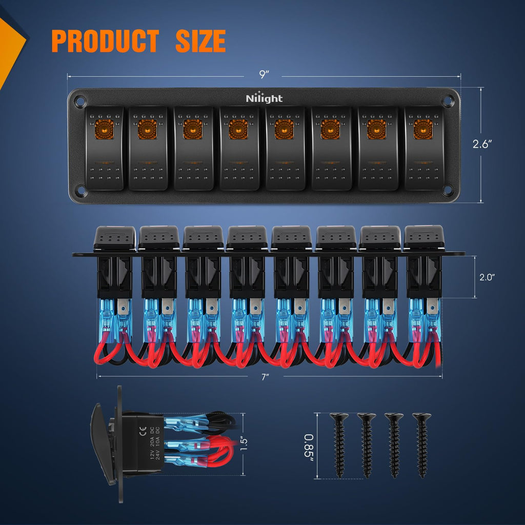 Nilight 8 Gang Rocker Switch Panel with Orange LED Light 5 Pin On Off Pre-Wired Aluminum Toggle Switches Waterproof for 12V/24V Cars Marine Boats ATVs Trailers RV Trucks