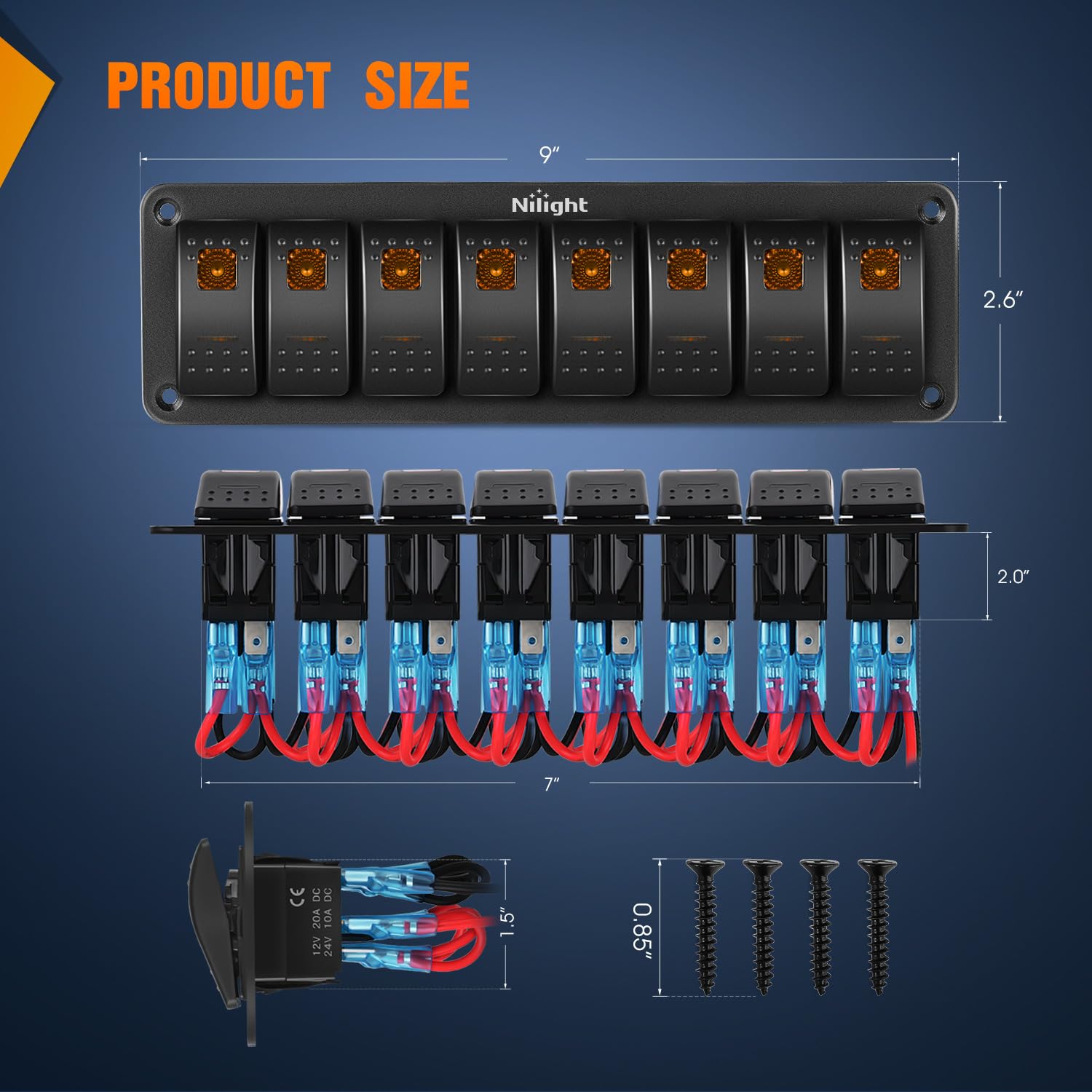 Nilight 8 Gang Rocker Switch Panel with Orange LED Light 5 Pin On Off Pre-Wired Aluminum Toggle Switches Waterproof for 12V/24V Cars Marine Boats ATVs Trailers RV Trucks