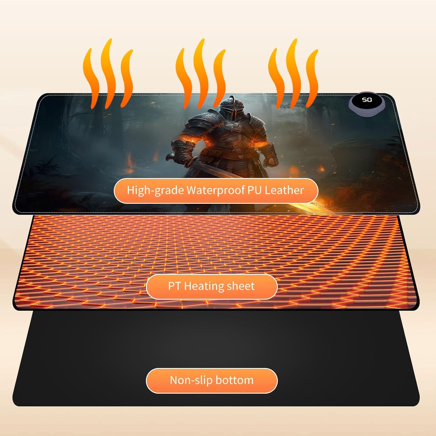 Small Heated Desk Pad 23.6" x 14.2" – Compact Electric Mouse Pad with 3 Heating Levels, Auto Shut-Off, Waterproof PU Surface, Plug-in Warmer for Office or Home Use, Fire Warrior