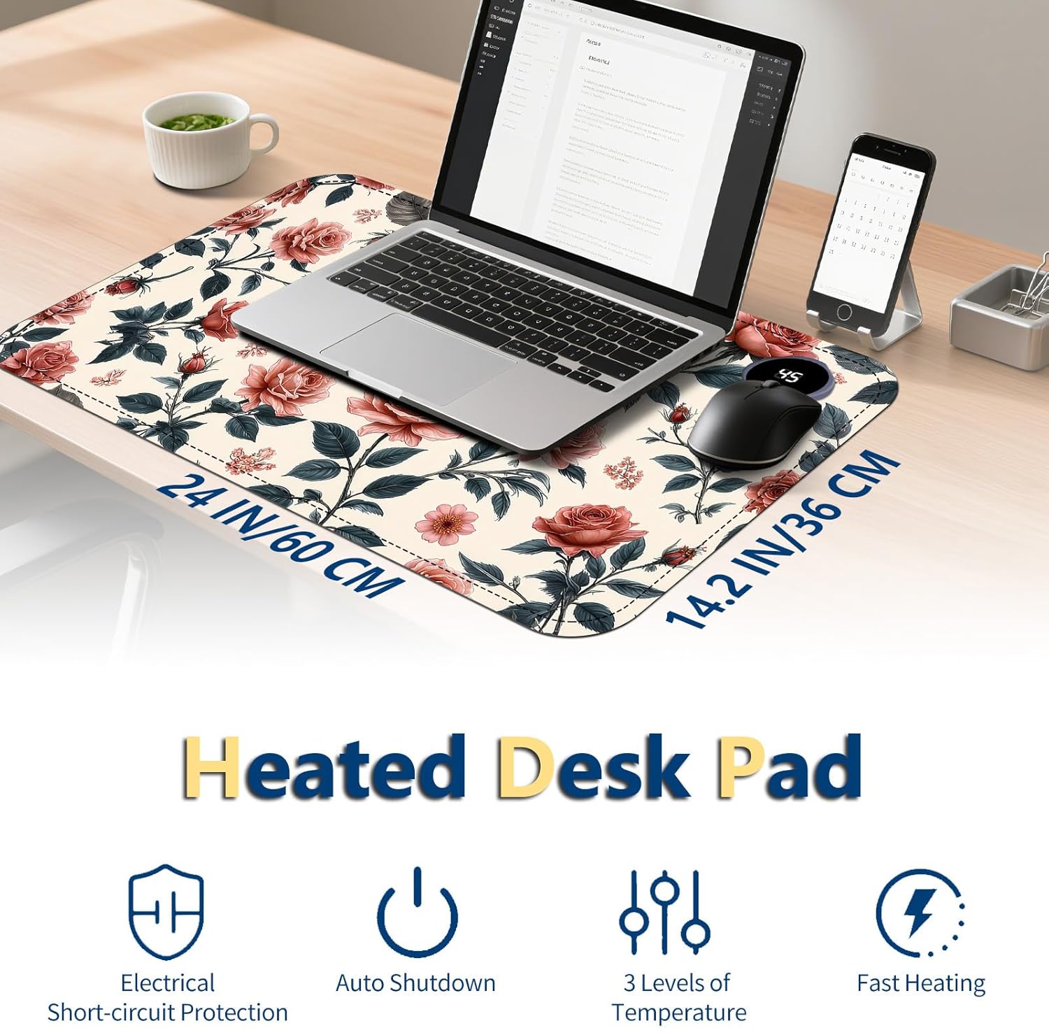 Heated Mouse Pad with 3 Temperature Settings(104°F–122°F),Large 24x14.2 Inch PU Leather Heated Desk Mat,Waterproof Warming Pad for Office,Gaming & Cold Hands Relief,Retro Flowers