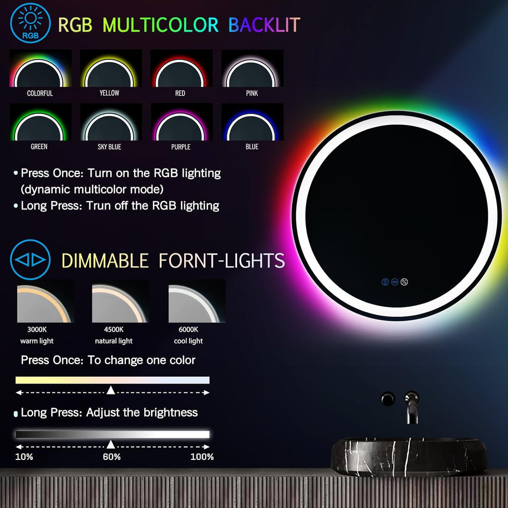 THEKLA 24 Inch Round Led Bathroom Mirror with Lights 3Color Front Light + RGB Rainbow Color Changing Backlit Round Lighted Vanity Mirror for Bathroom Wall Dimmable AntiFog Smart Light up Circle Mirror