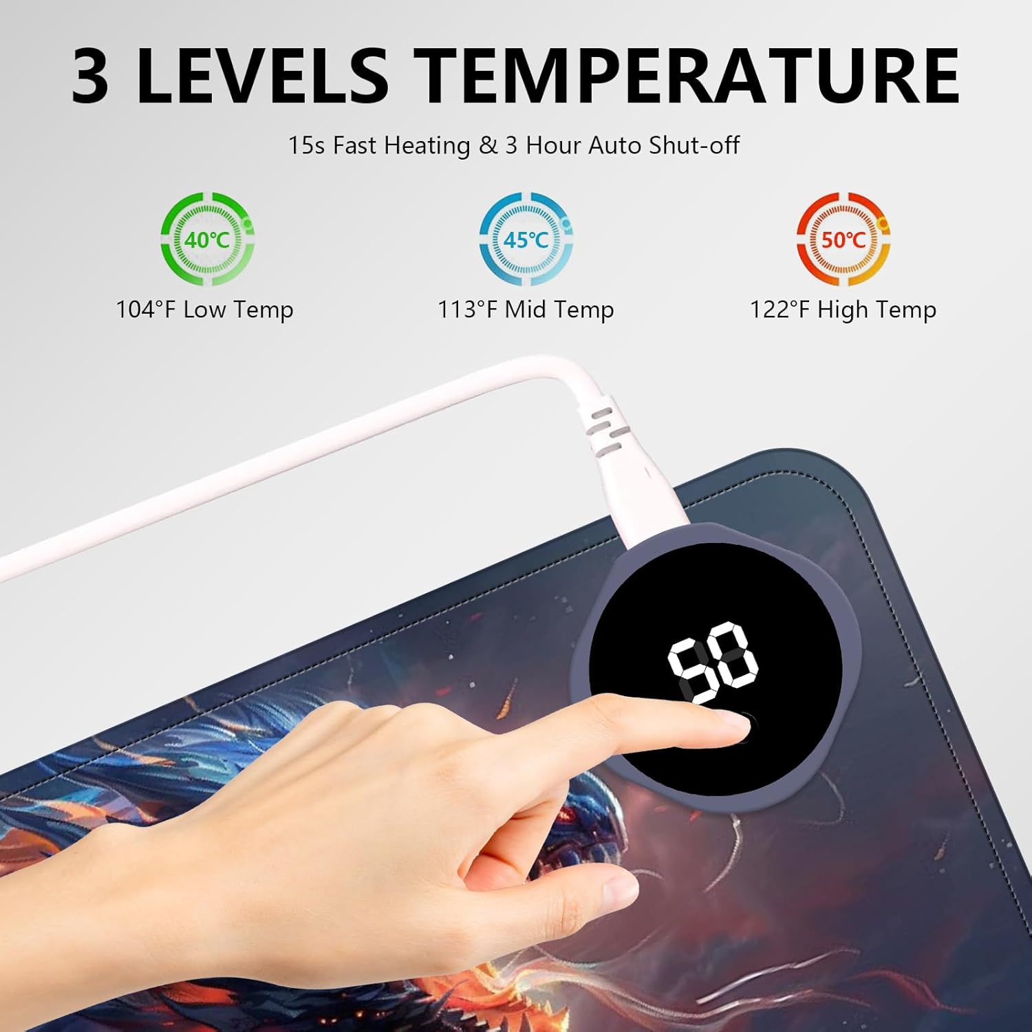 Heated Mouse Pad with 3 Levels Heated & 3 Hours Auto Shut-Off Mouse Pad for Warming Hands in Office Home, 23.6" x 14.2"Large Safe Desk Mat Hand Warmer，Watercolor Dragon
