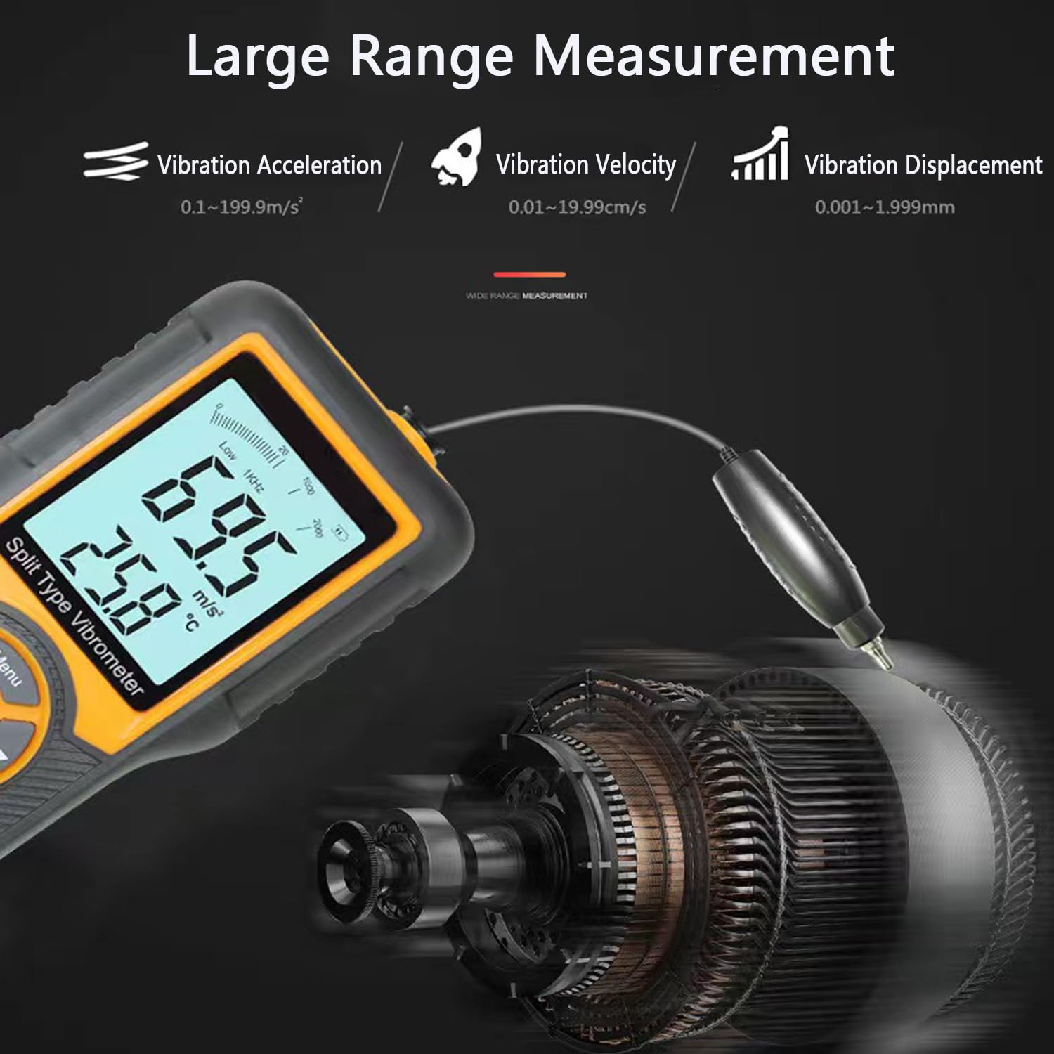 Vibration Meter,Vibrometer Split Probe Vibration Tester, Digital Vibration Analyzer Mechanical Vibration Meters Vibration Sensor Measure Acceleration, Velocity and Displacement