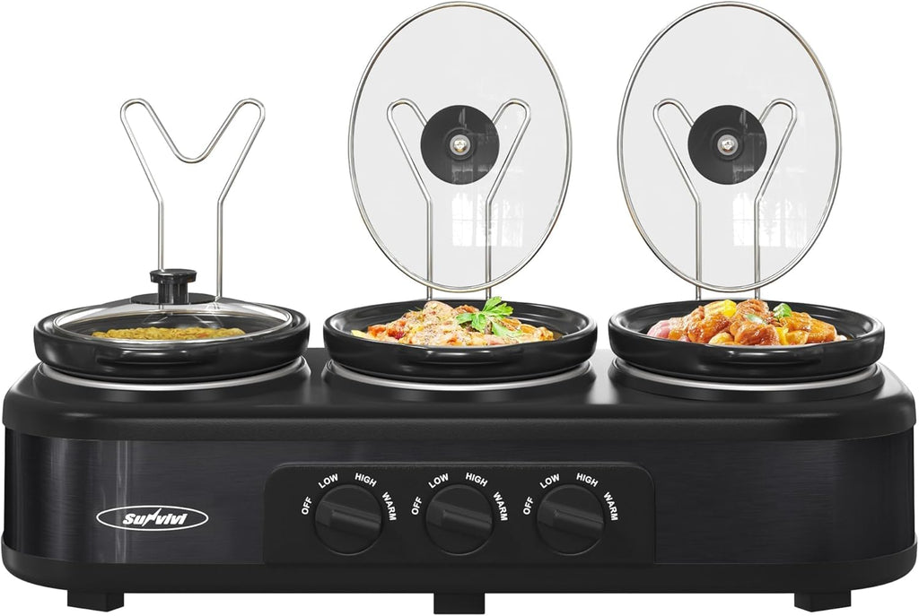 3 * 1.5 Quarts Triple Slow Cooker, Buffet Server & Warmer with 3 Removable Ceramic Pots, 3 Adjustable Temp Settings & 3 Metal Lid Rests, Stainless Steel, Black