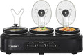 3 * 1.5 Quarts Triple Slow Cooker, Buffet Server & Warmer with 3 Removable Ceramic Pots, 3 Adjustable Temp Settings & 3 Metal Lid Rests, Stainless Steel, Black