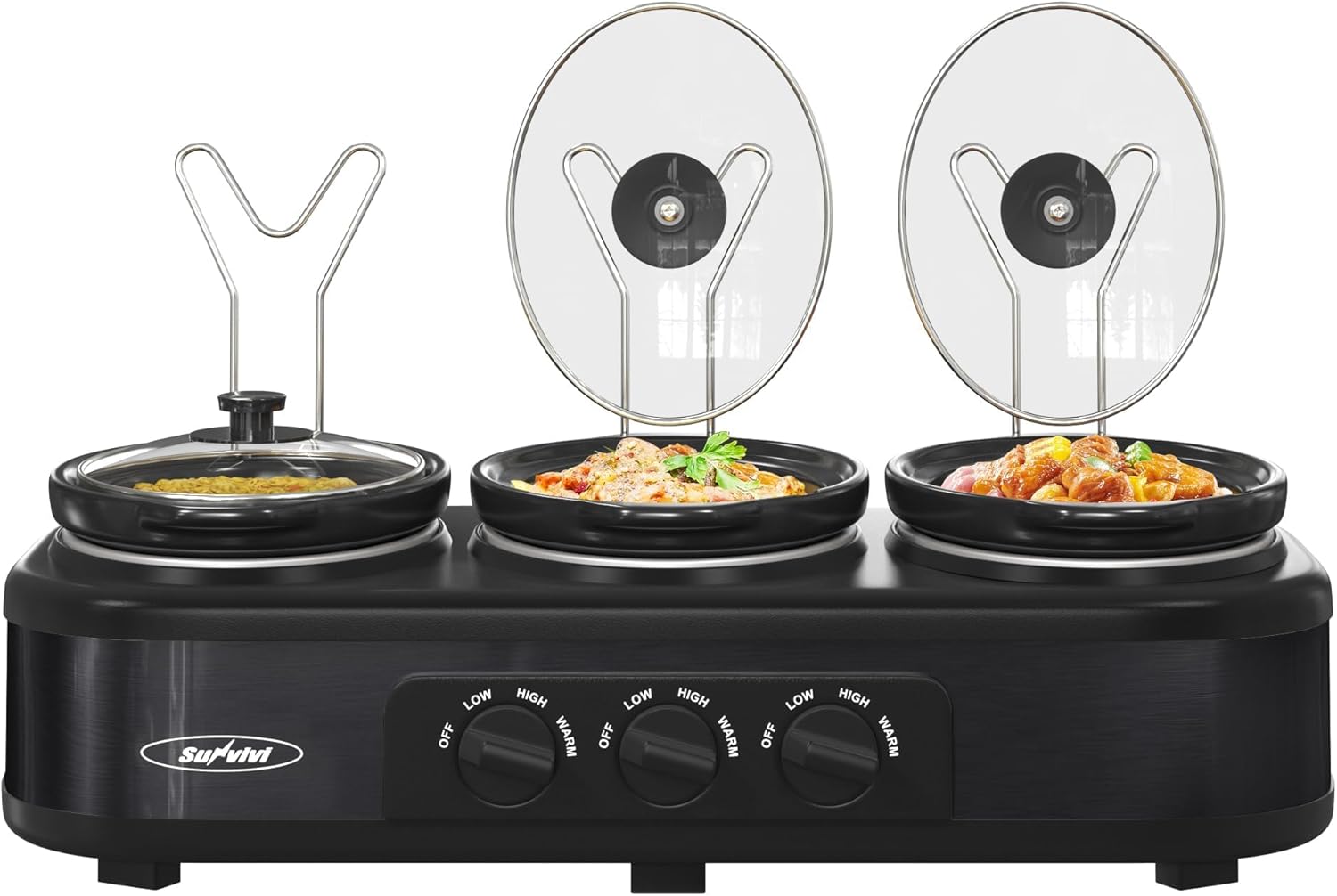 3 * 1.5 Quarts Triple Slow Cooker, Buffet Server & Warmer with 3 Removable Ceramic Pots, 3 Adjustable Temp Settings & 3 Metal Lid Rests, Stainless Steel, Black