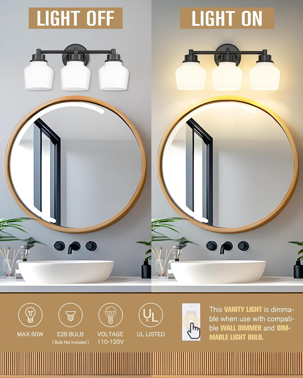 Emak Modern Black Bathroom Lighting Fixtures Over Mirror, Farmhouse 3-Light Vanity Lights with Milk Glass Shade for Bathroom, Mirror, VL122-BK-ML-3