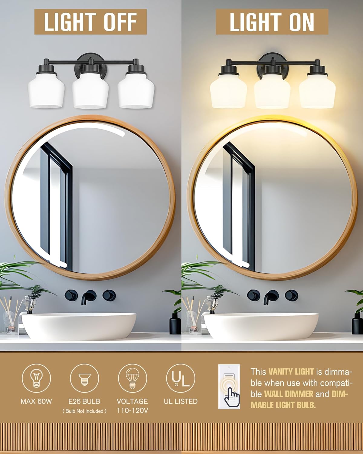 Emak Modern Black Bathroom Lighting Fixtures Over Mirror, Farmhouse 3-Light Vanity Lights with Milk Glass Shade for Bathroom, Mirror, VL122-BK-ML-3