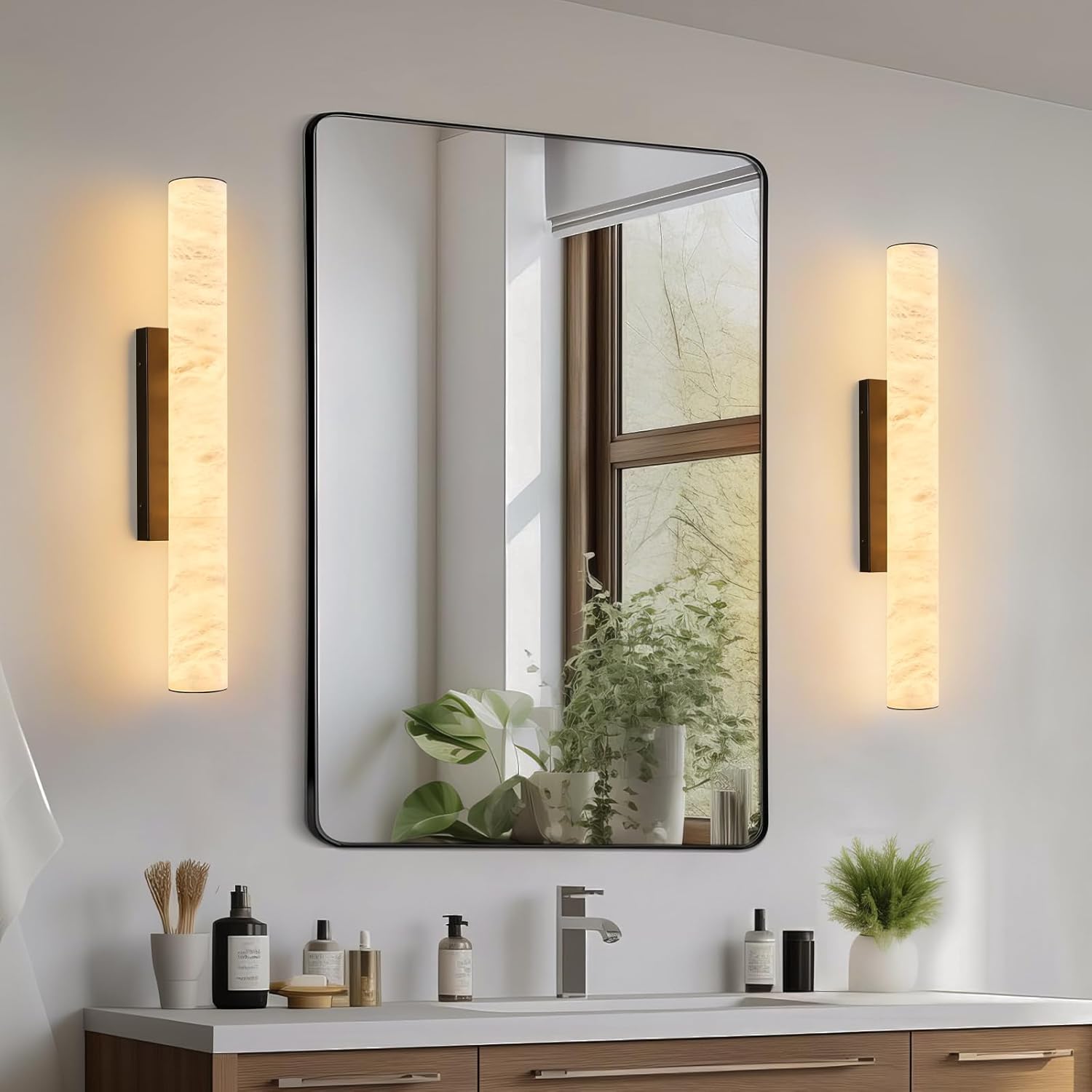 LMQNINE Natural Alabaster Wall Sconces Spanish Marble Wall Light Cylinder Modern Black LED Sconce for Living Room Bedroom Bathroom Stairs（M-1Pack）