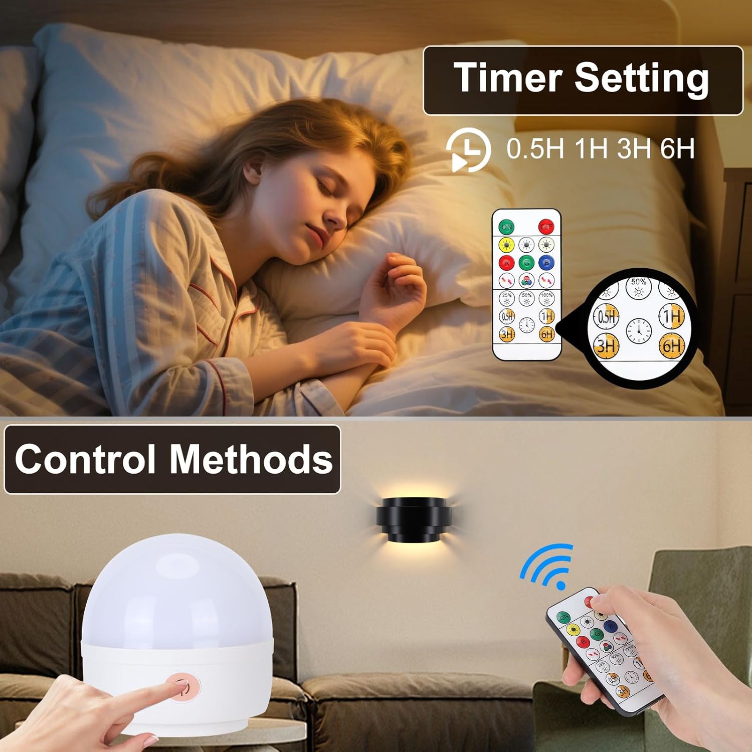 Lightess Wall Sconces Set of 2, Rechargeable Wall Lights with Remote and RGB Bulbs, Black Battery Powered Wall Sconce for Bedroom Living Room Hallway
