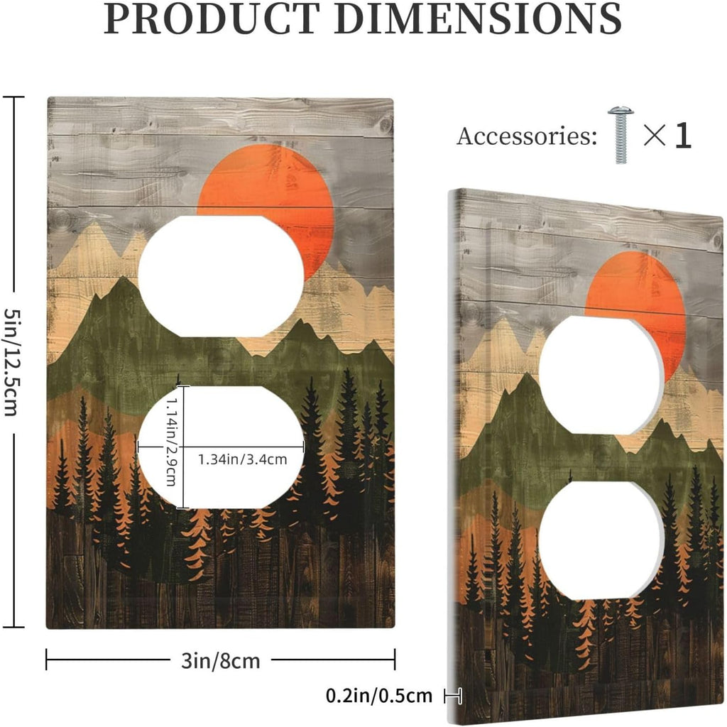 Outlet Covers Vintage Wood Grain Sun Forest Mountains 1 Gang Duplex Wall Plate Decorative Switch Plates Electrical Receptacle Faceplate Light Switch Cover for Farmhouse Cabin Decor