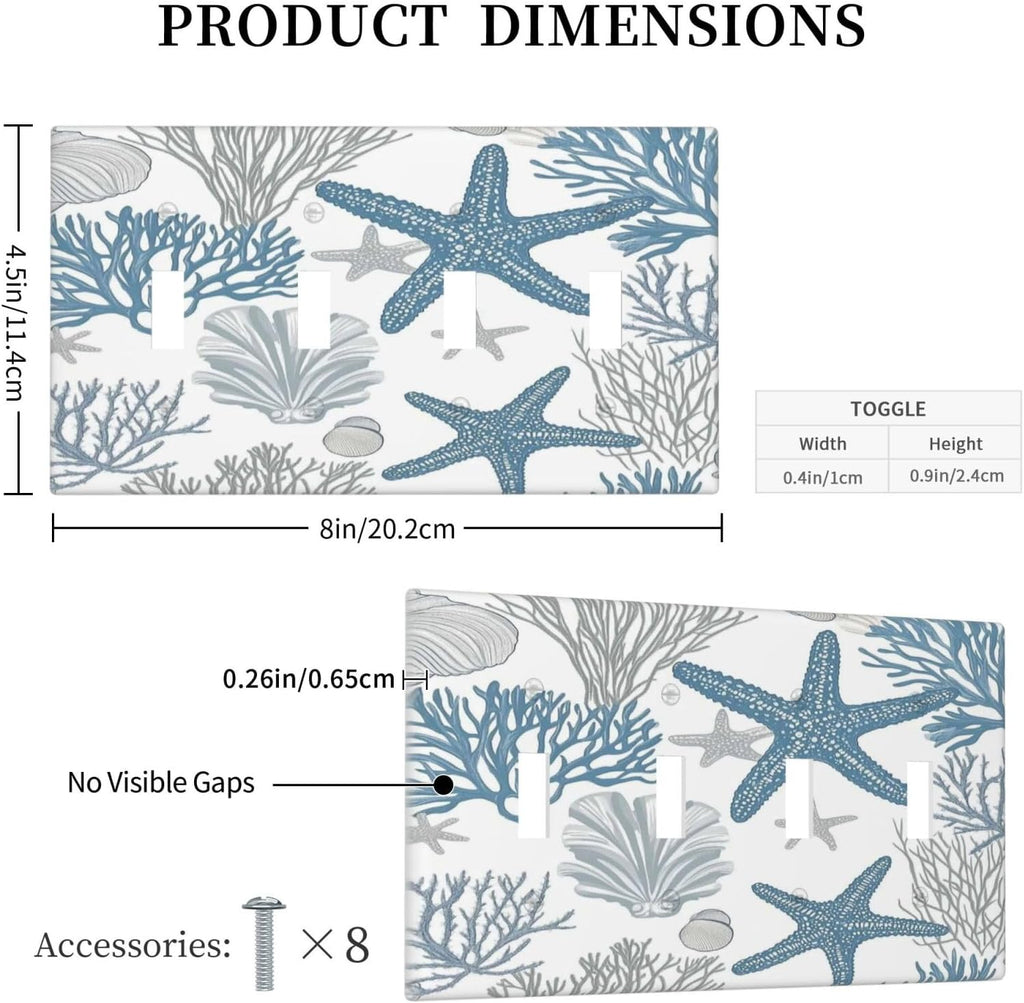 Blue Starfish Nautical Beach Conch Coastal Coral Shell Light Switch Covers Quad Toggle Electrical Faceplate 4 Gang Wall Plate Decorative Switch Plates For Kids Room Bathroom Decor