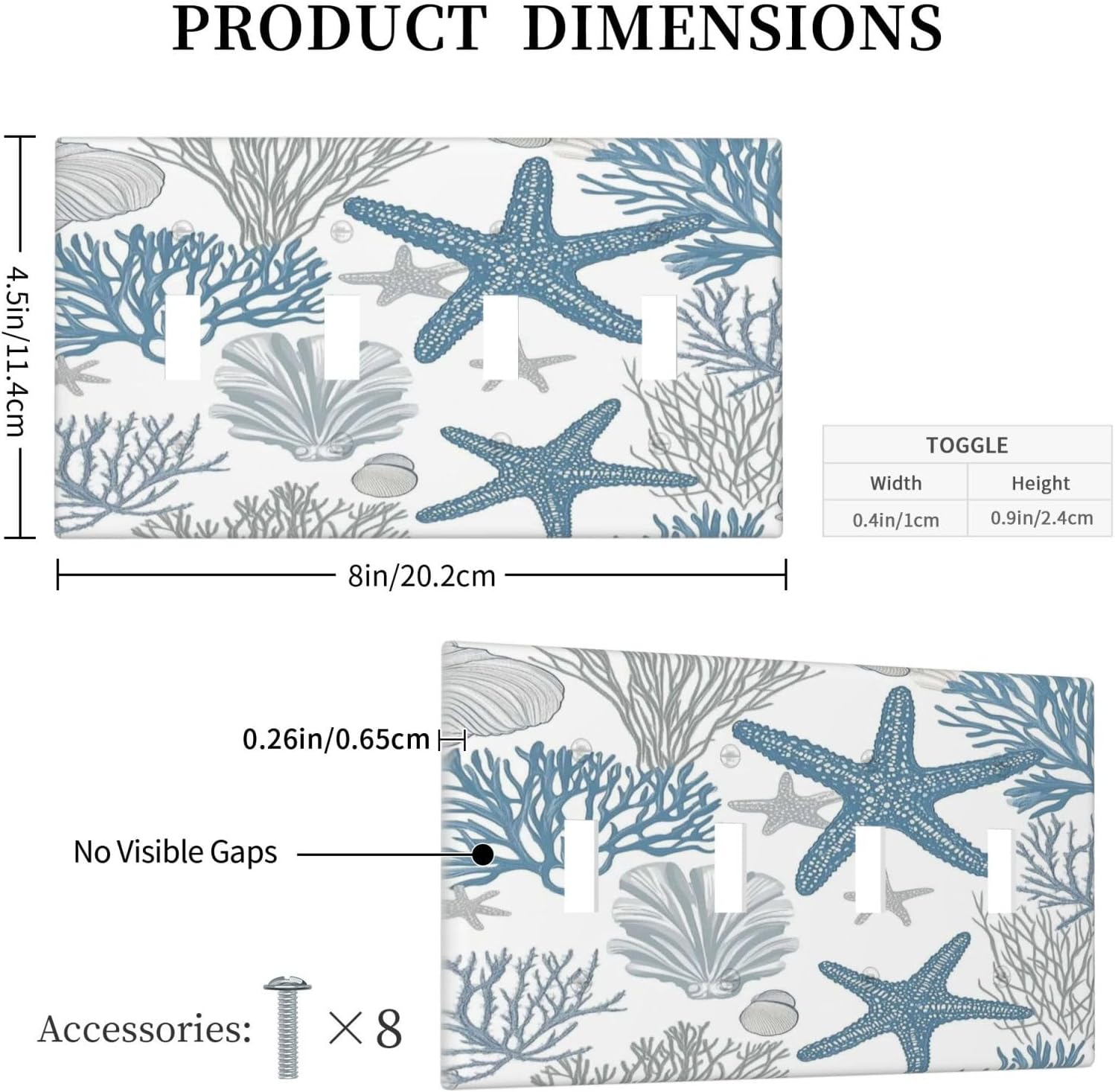 Blue Starfish Nautical Beach Conch Coastal Coral Shell Light Switch Covers Quad Toggle Electrical Faceplate 4 Gang Wall Plate Decorative Switch Plates For Kids Room Bathroom Decor