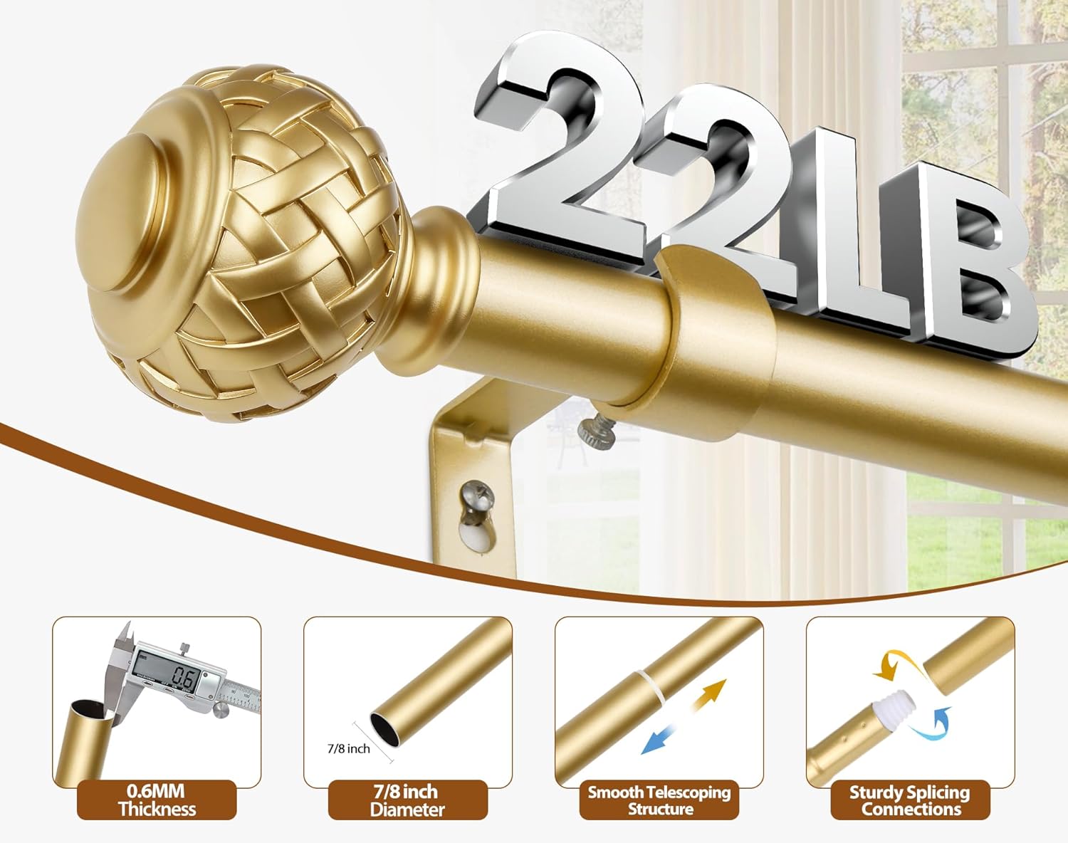 TONIAL Gold Curtain Rod 32 to 120 Inches, 7/8 Adjustable Curtain Rods for Windows 20 to 116 Inches, Splicing Drapery Rods Heavy duty with Netted Texture Finials