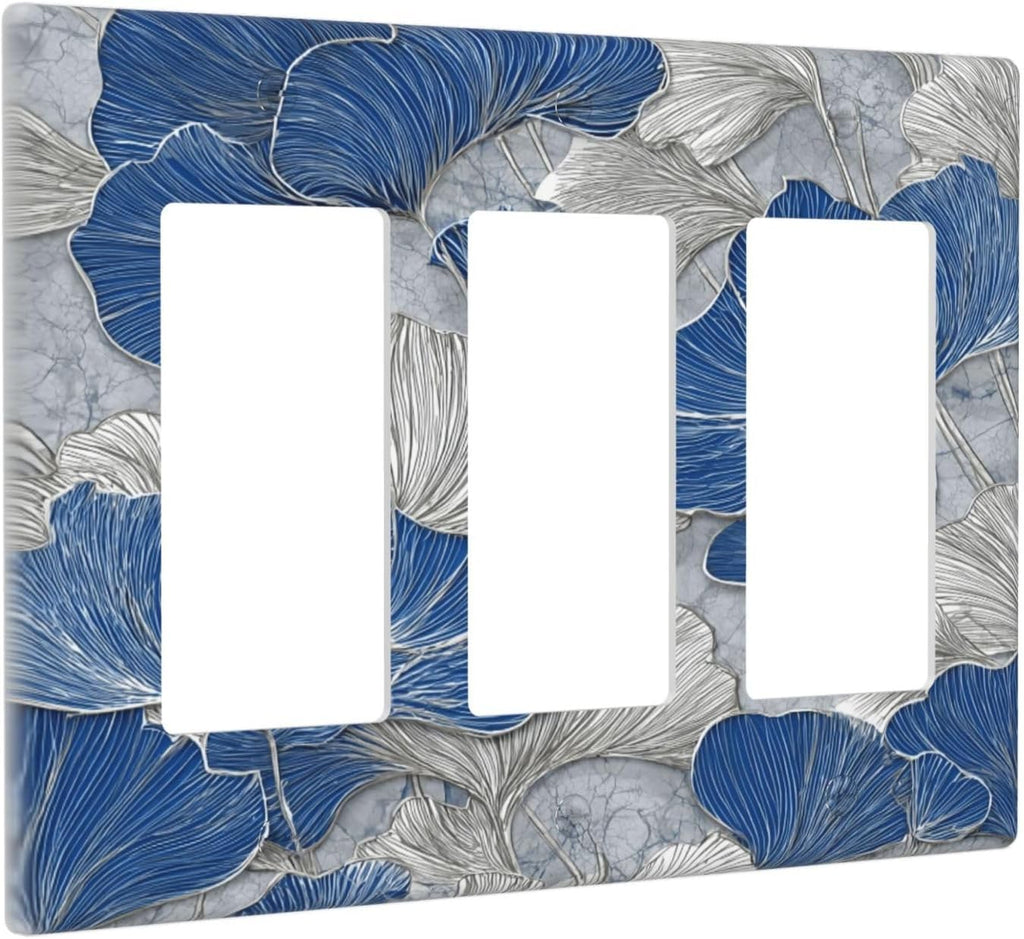 Abstract Blue Marble Plant Leaves 3 Gang Triple Rocker Decorative Light Switch Covers Electrical Faceplate Switch Plates for Bathroom Kitchen Home