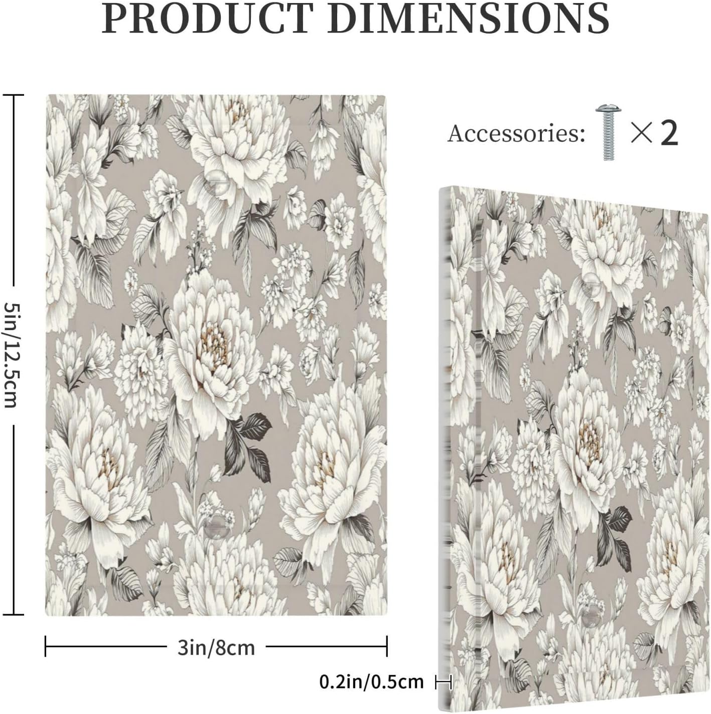 White Poppies Floral Modern Grey Peonies Flowers Light Switch Cover Plate 1 Gang No Device Blank Decorative Switch Plate Electrical Wall Plates Faceplate for Bedroom Bathroom Decor