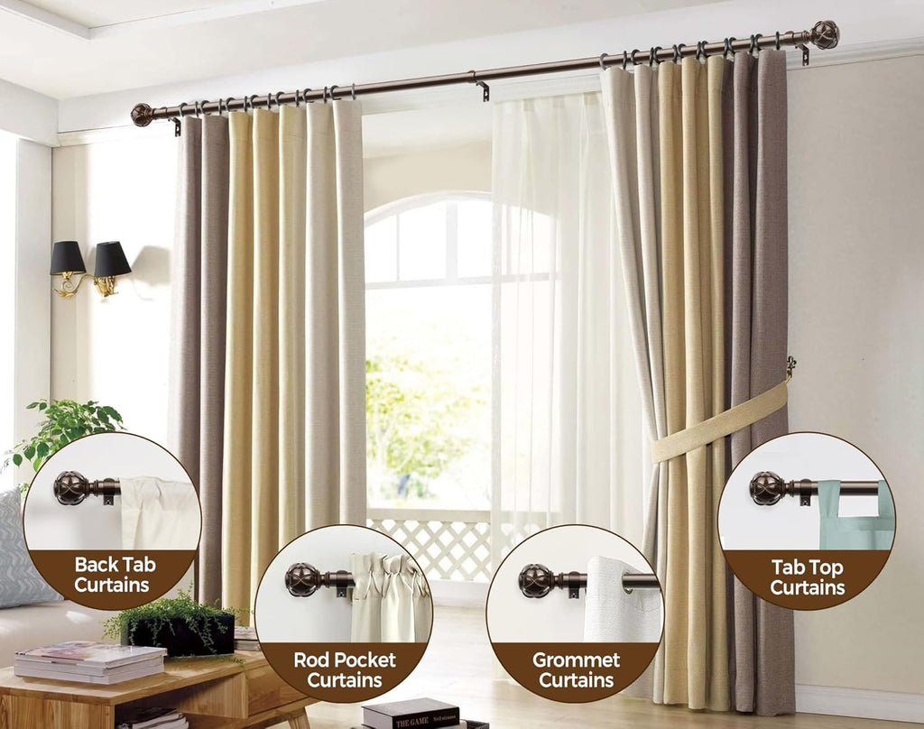 KAMANINA 1 Inch Curtain Rod Telescoping Single Drapery Rod 36 to 72 Inches (3-6 Feet), Antique Bronze Curtain Rods for Windows 24 to 68 Inches, Netted Texture Finials