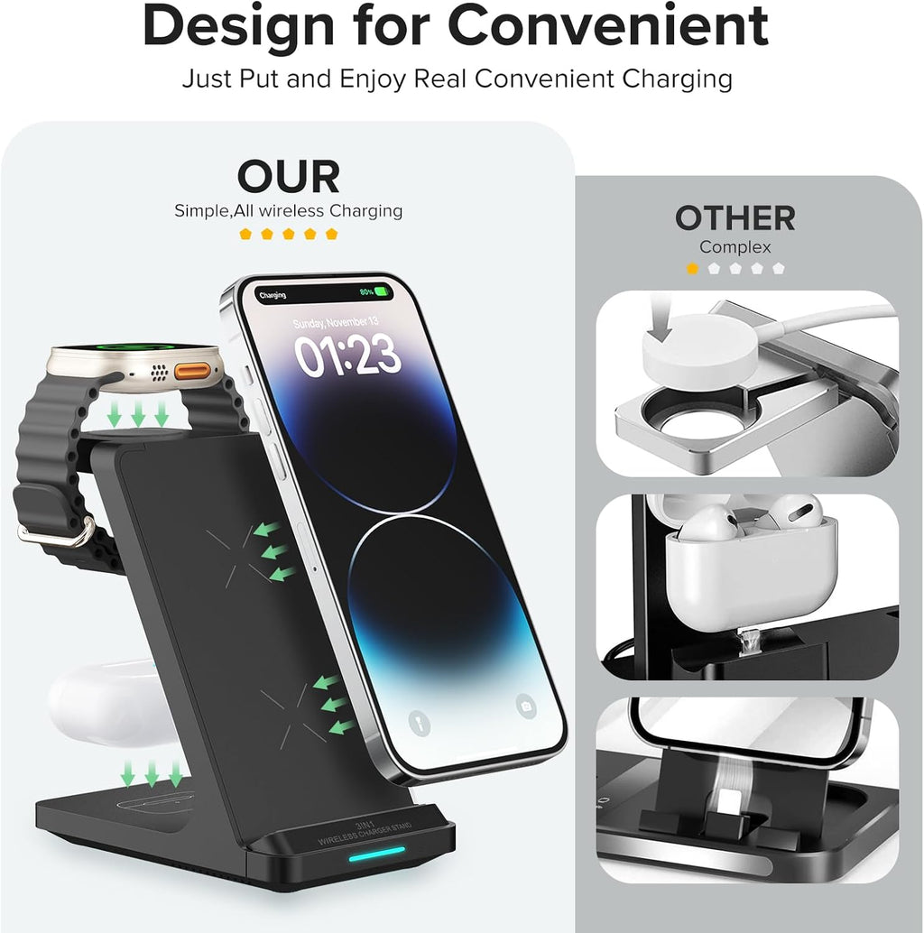 Wireless Charging Station, 3 in 1 Fast Wireless Charger Stand for Multiple Devices Apple Watch Ultra Series 11 10 9 8 7 6 SE 5 4 3 2, iPhone 17 16 15 14 13 12 11 Pro Max/Plus/Air/X/XS/XR, Airpods Pro