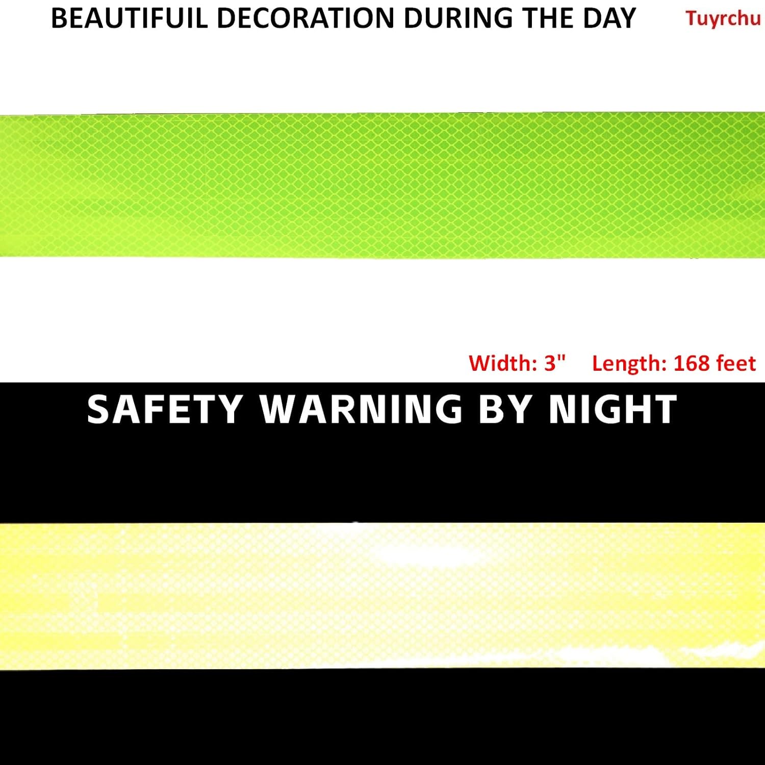 Non Fading Fluorescent Yellow Reflective Tape Outdoor Waterproof 3 inch Wide, High Visibility Warning Safety Industrial Marking Tape (168 feet)