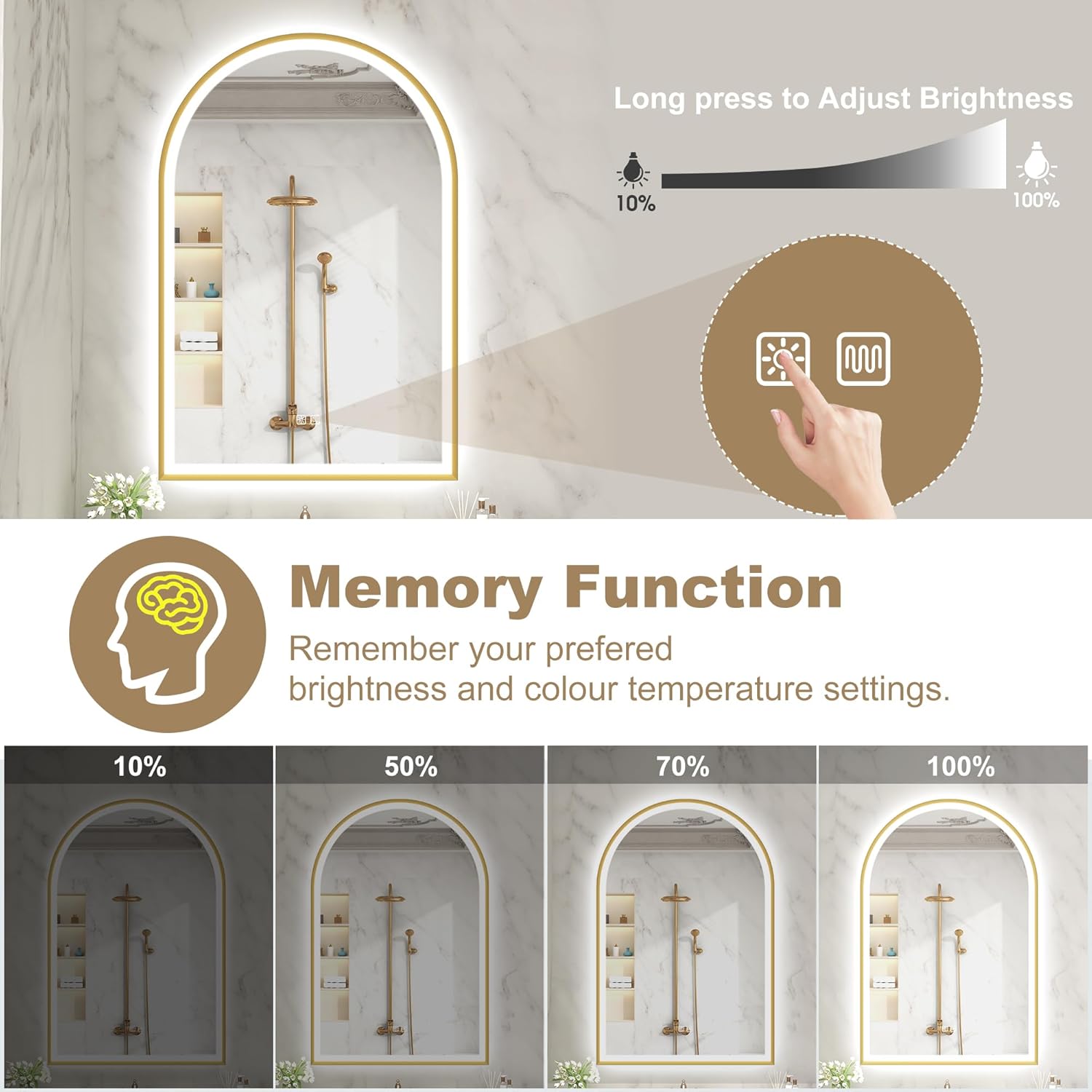S'bagno 24x36 Arched Gold LED Mirror for Bathroom with Frontlit & Backlit, LED Bathroom Mirror with Metal Frame, Anti-Fog, Stepless Dimmable, 3 Color Temperature Vanity Mirror