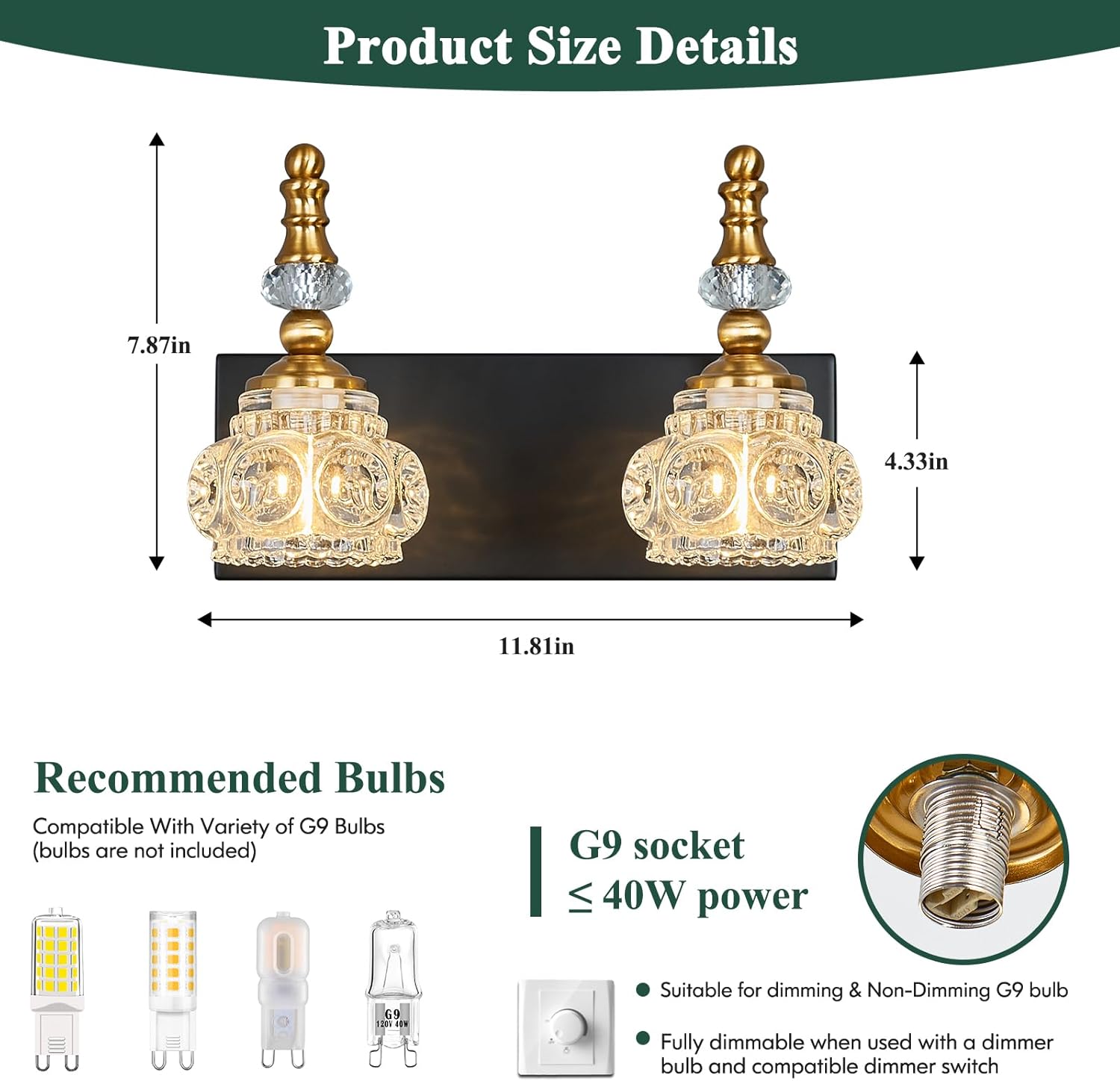 Modern Glass Crystal Vanity Light - Vintage Bathroom Lighting Fixtures Over Mirror, 2 Light Vanity Lights G9 Bulb (11.81 Inch, Black Gold)