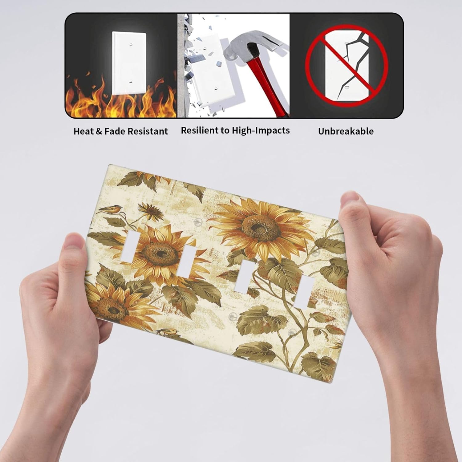 Light Switch Covers Rustic Sunflower Floral Pattern Quad Toggle Electrical Faceplate 4 Gang Wall Plate Decorative Switch Plates for Bedroom Cabin Decor