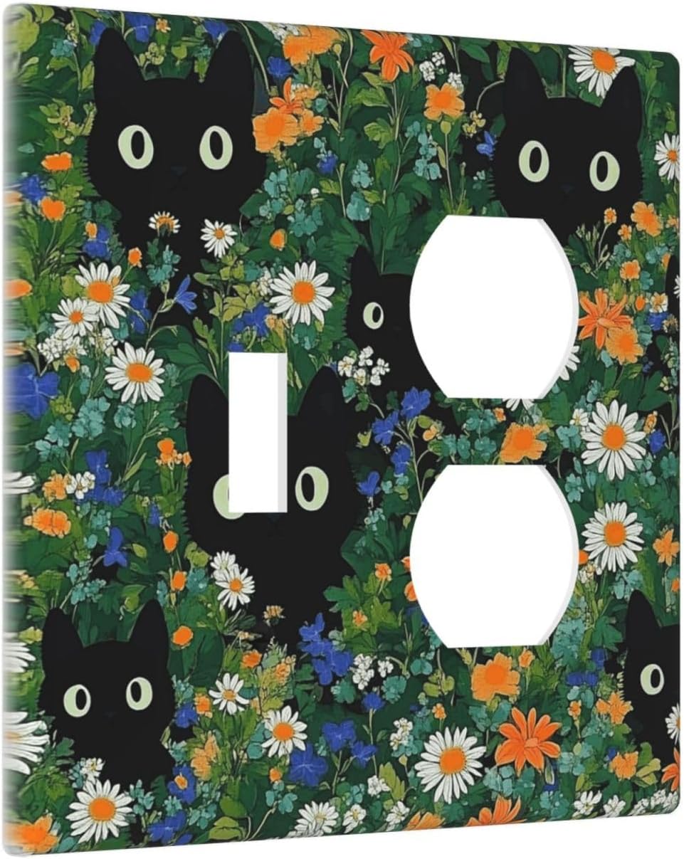Boho Funny Black Cute Cats Daisy Wildflower Wallplates 1 Toggle 1 Duplex Switch Plate Electrical Gfci Faceplate Decorative Light Switch Covers For Kids Room Bed Room Decor