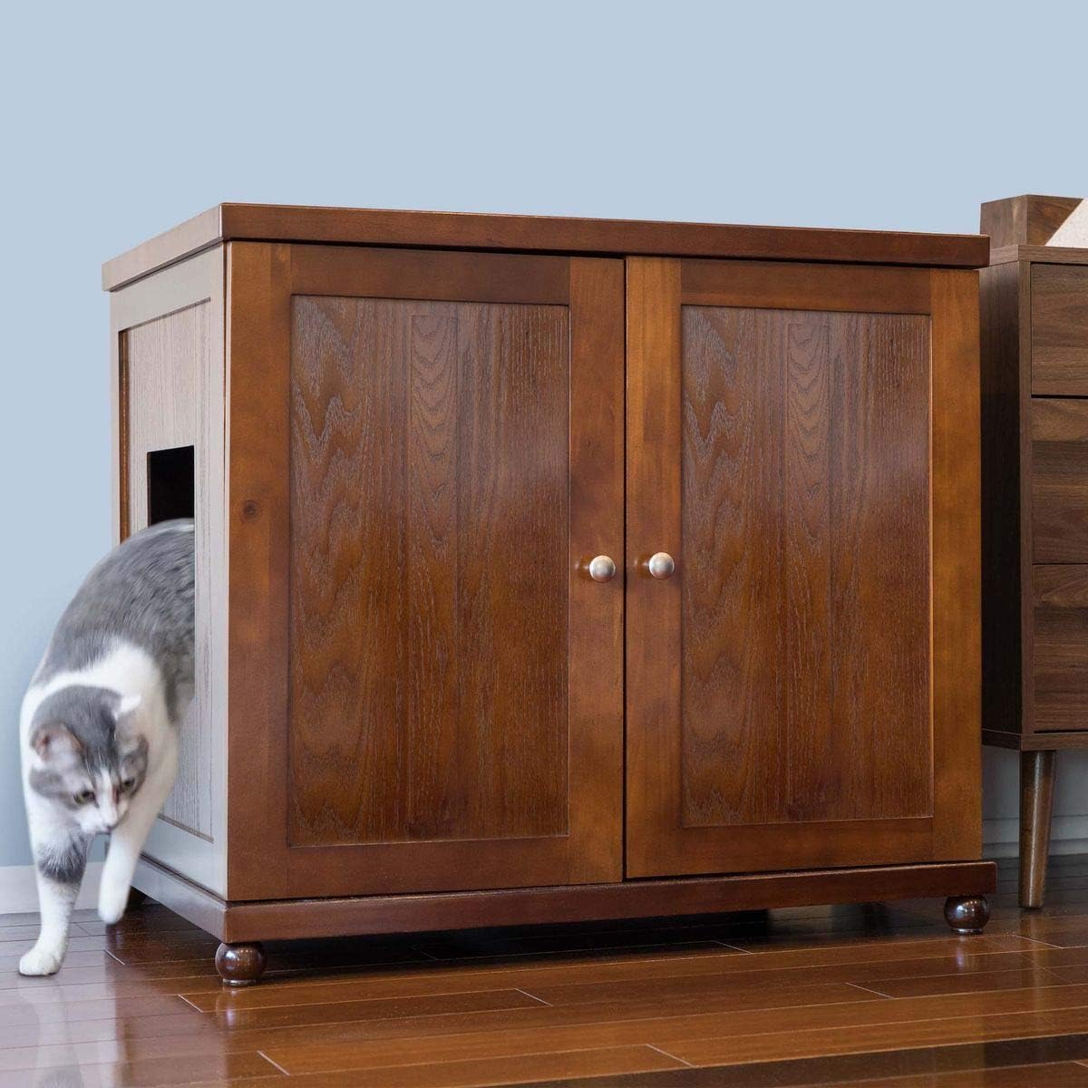 THE REFINED FELINE Cat Litter Box Enclosure Cabinet, Shaker, Mahogany Brown, Round Feet, XLarge, Hidden Litter Cat Furniture with Drawer