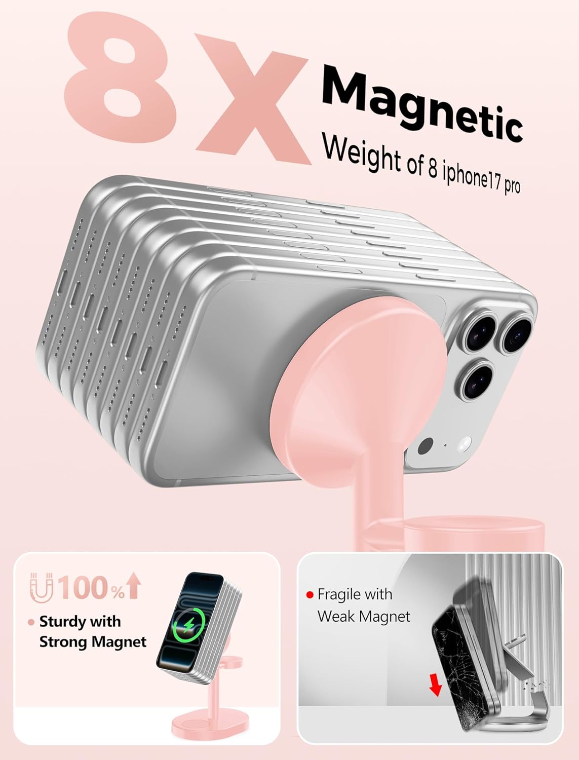 2025 3 in 1 Wireless Charging Station for Apple MagSafe Charger, 15W Fast Mag-Safe Charger Stand for iPhone 17 16 15 14 13 12 Apple Watch AirPods Compatible with MagSafe, Pink