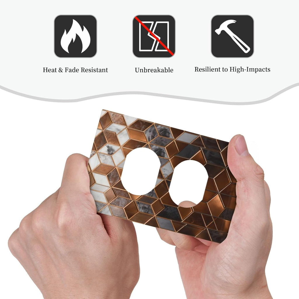 Brown Abstract Luxury Modern Geometric Cubic Marble Duplex Outlet Decorative Light Switch Covers Electrical Faceplate Switch Plates for Bathroom Kitchen Home