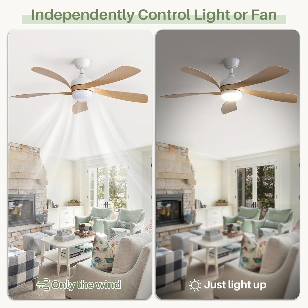 Sofucor 52 Inch Ceiling Fans with Lights and Remote, Outdoor Ceiling Fan with Light 6-Speed 3 CCT 3-Timer, Modern Low Profile Ceiling Fan 5 Blade Reversible DC Motor for Living Room Bedroom Patio
