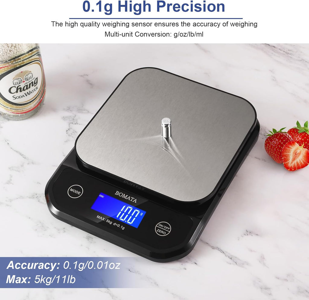 BOMATA Waterproof Kitchen Scale, 0.1g/0.01oz High Precision, 5kg/11lb, Washable, USB Rechargeable, Digital Scale for Food,Cooking, Baking, Weight Loss, Black&Grey