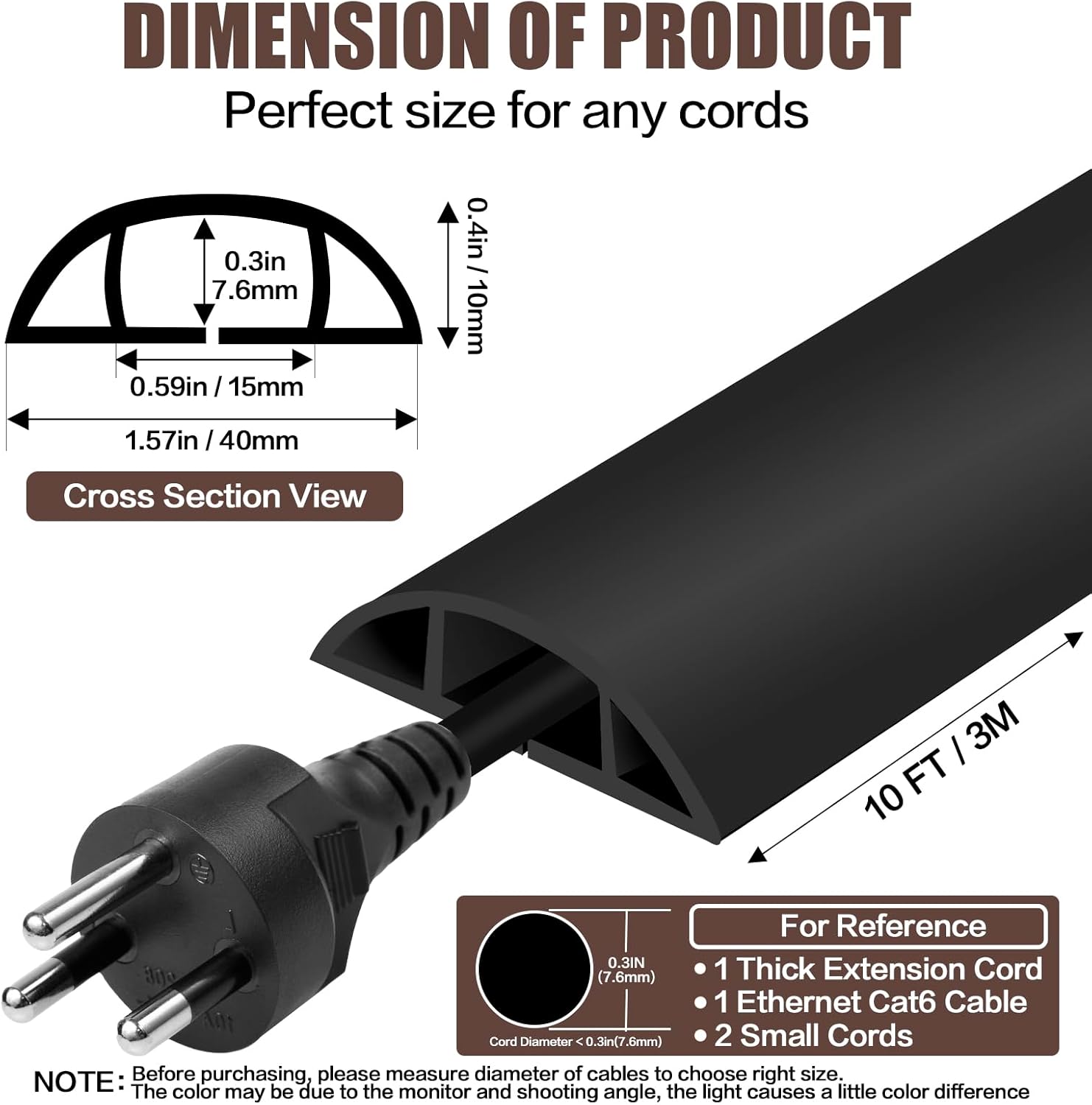 Floor Cord Cover Self Adhesive Cord Hider,10FT Cable Management, Extension Strip Protector for Wires, Prevent Cable Trips for Offices, Gyms, Exhibitions Cavity:0.51"(W) x 0.3"(H) Black
