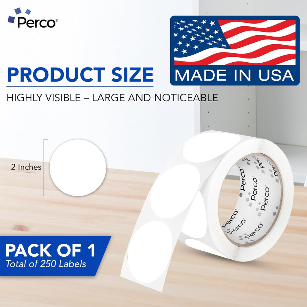 Perco White 2-Inch Perforated Circle Dot Sticker Labels — 250 Round Stickers Per Roll — with Permanent Adhesive for Organizing, Color Coding, Bin Labeling, Packaging Alerts — Made in USA