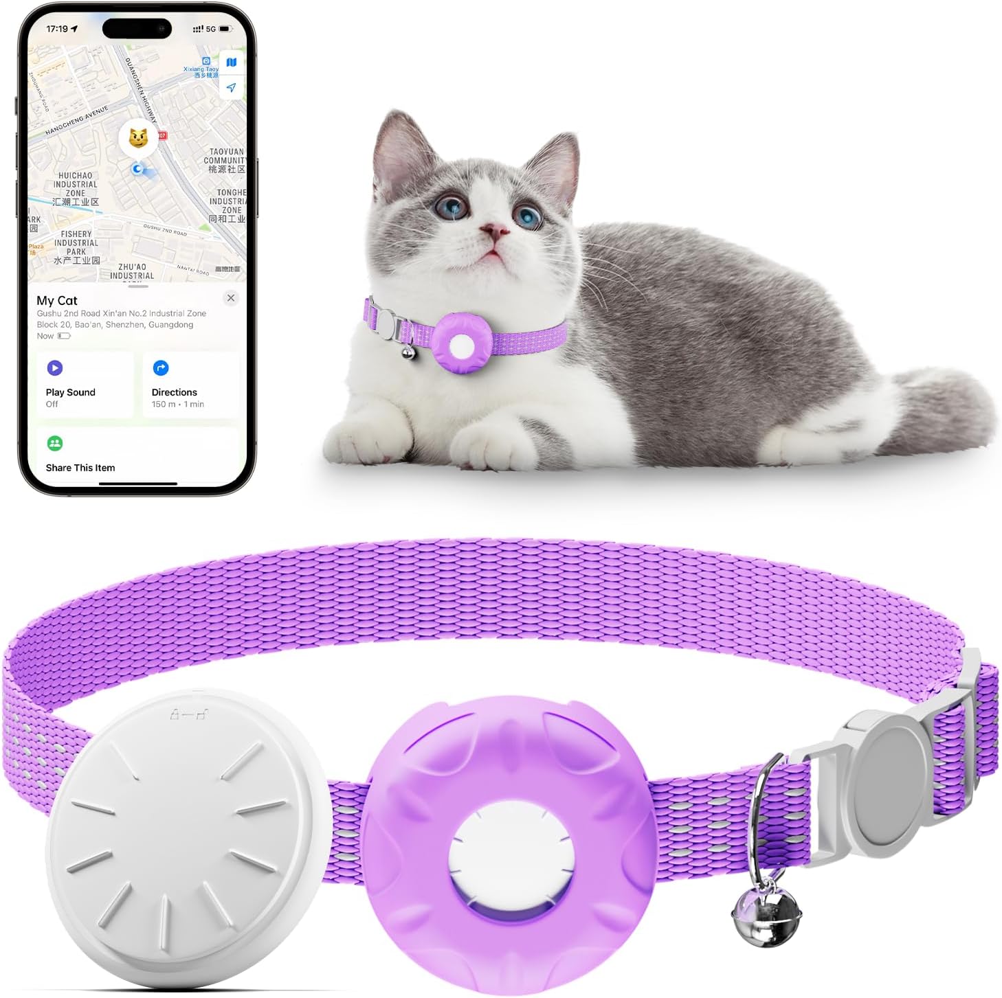 Cat Tracker, Waterproof Pet Tracker for Cats, Cat GPS Tracker Collar with Safety Elastic Buckle, Compatible with Apple Find My App (Only iOS), No Monthly Fee, Purple