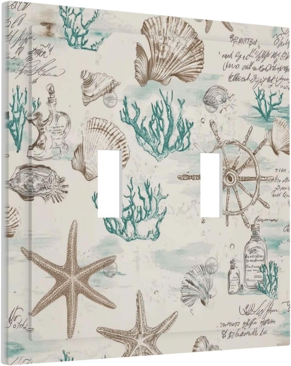 Mid Century Seashells Starfish Compass Decorative Switch Plates 2 Gang Double Toggle Outlet Light Switch Cover Wall Plate Electrical Faceplate For Nursery Kids Room Decor