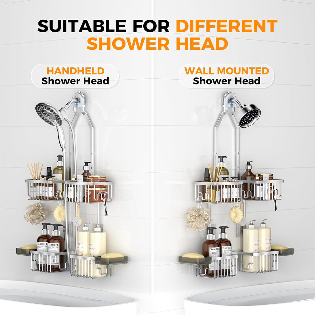 REINHARDT Aluminum Shower Caddy Hanging Adjustable Shower Caddy, Rustproof Hanging Shower Organizer with Hooks Soap Holders, Over Shower Head Caddy for Handheld Showerhead, Silver