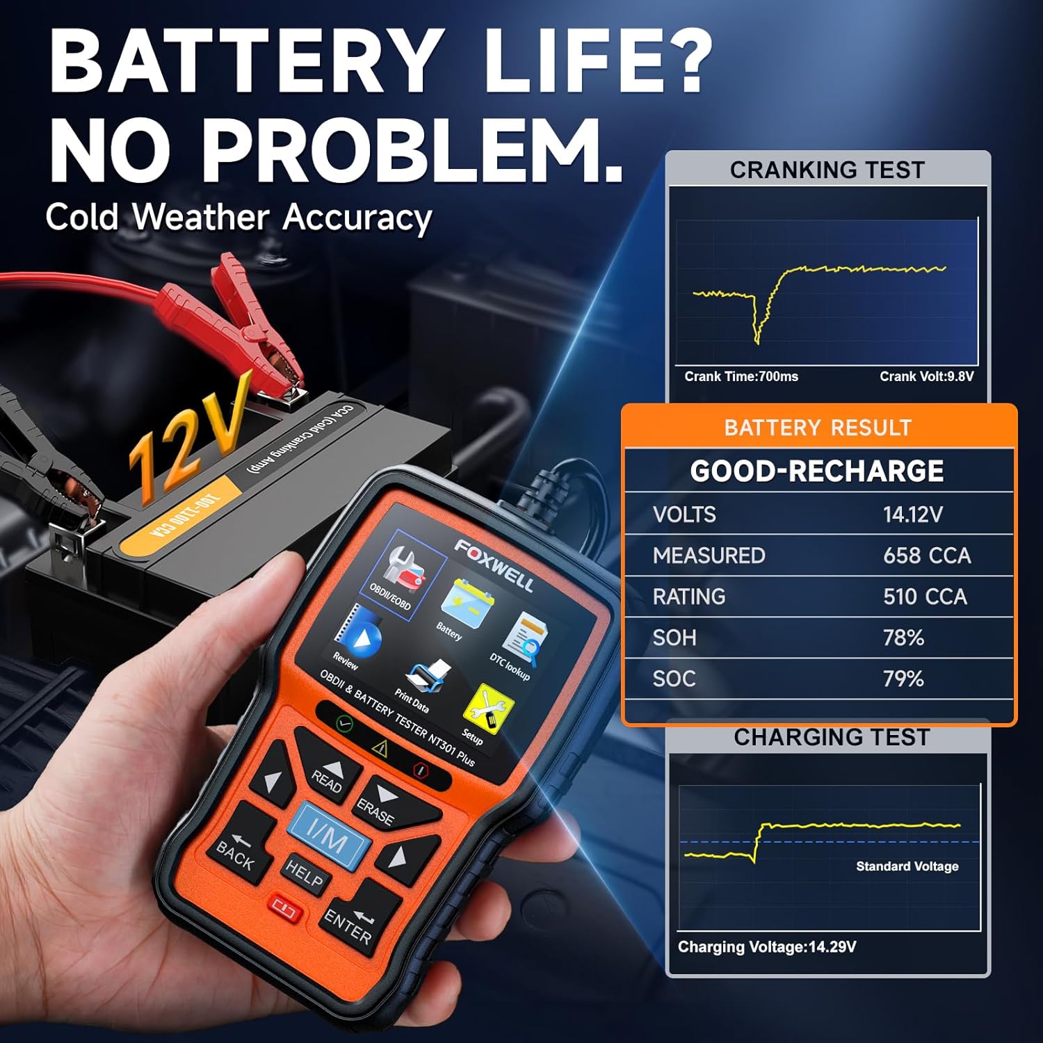 Upgraded of NT301, 2-in-1 FOXWELL NT301 Plus OBD2 Scanner Battery Tester, Professional Check Engine Code Reader Car Diagnostic Tool, 12V Cranking Charging Analyzer for 1996+ Newer Vehicle