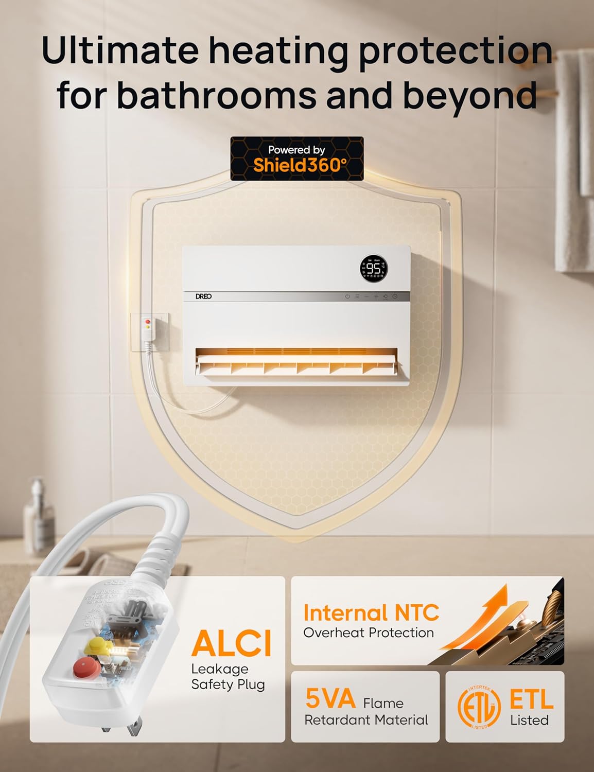 Dreo Wall Heater for Bathroom, Smart Space Heaters with ALCI Plug, 1500W, 120° Vertical Oscillation, Adjustable Thermostat, 24H Timer, Easy Installation Electric Heater for Indoor use, Bedroom, Office
