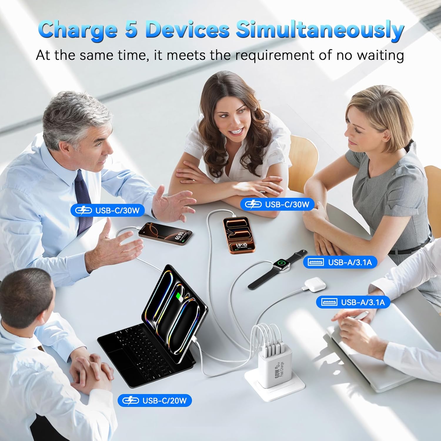 USB C Fast Charger Block, 60W 5-Port USB C Wall Charging Blocks, Type C Chargers Fast Charging Brick, 3USB C+2USB A PD&QC3.0 Multiport Charger Plug for Phone 17/16/15/14/13 Pro Max, White+Blue